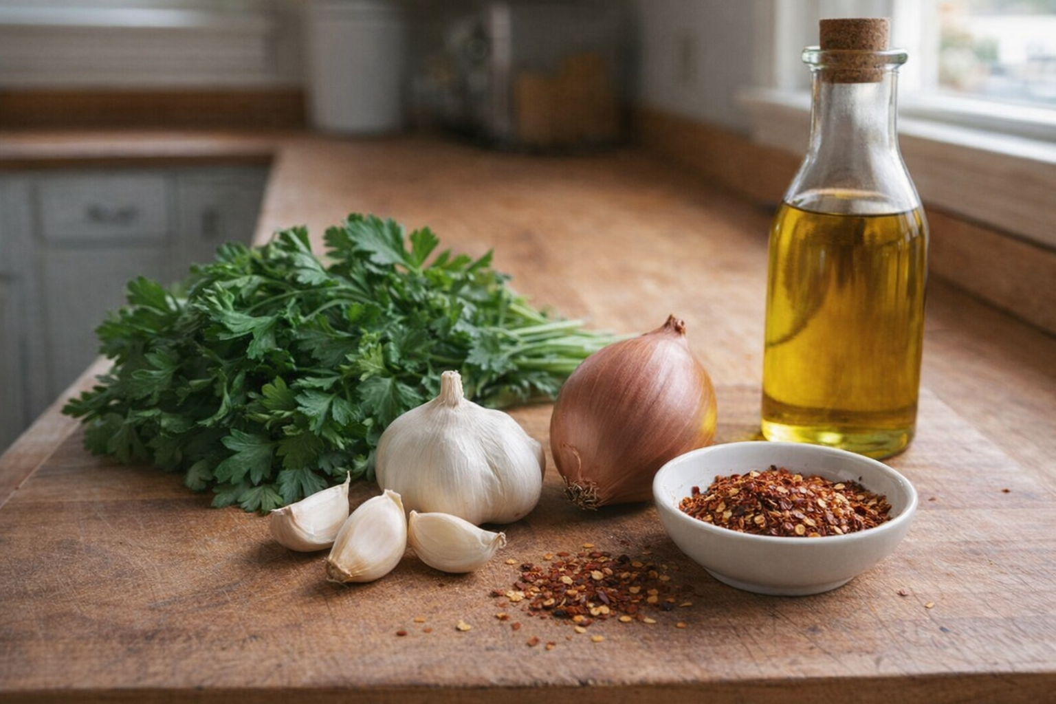 A close-up shot of fresh parsley, garlic cloves, a shallot, red pepper flakes, and a bottle of olive oil arranged on a wooden cutting board, natural light.